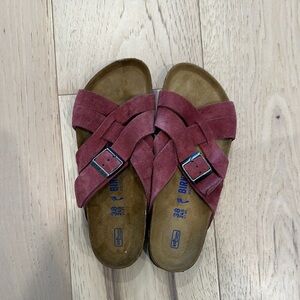 Birkenstock Burgundy Suede Cross-Strap Sandals